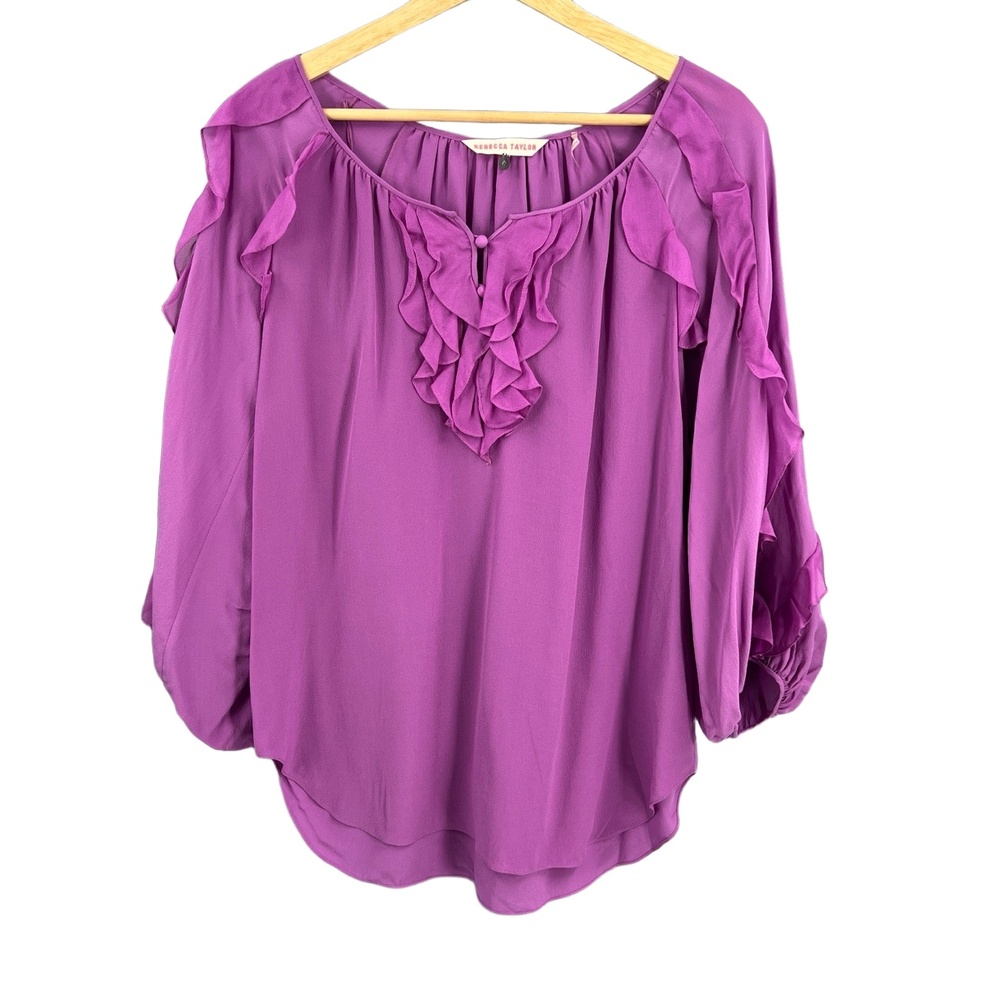 REBECCA‎ TAYLOR Blouse Purple Silk Ruffled Long Sleeve Feminine Size 4 Flaw